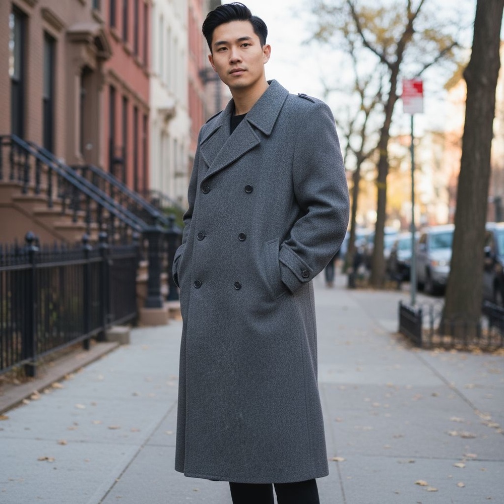 Vintage 1990s Grey Swiss Wool Greatcoat Overcoat Trench, Mens' M-XL